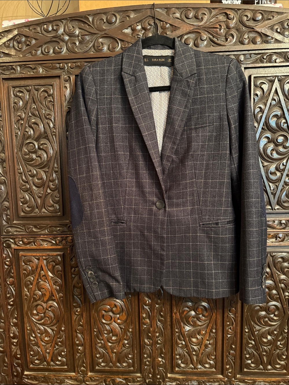 Zara Basic Navy and Dark Grey  Windowpane Plaid Jacket